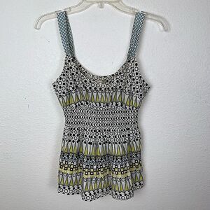 Viola Anthropologie Polka Dot Checked Tank Top Multi Print Smocked Waist Blouse